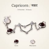 Capricorn zodiac constellation bracelet for women with Garnet and Milky Quartz – silver