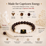 Made for Capricorn energy – Makar Rashi bracelet infographic with Garnet and Milky Quartz benefits