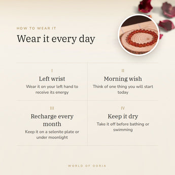 How to wear your Carnelian bracelet – left wrist, morning wish, recharge on selenite or moonlight