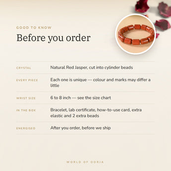 Red Jasper Cylinder Bracelet – before you order: size, what is in the box, energised after order