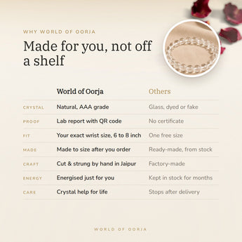 Why World of Oorja – Clear Quartz bracelet made to your wrist size, cut and strung by hand in Jaipur