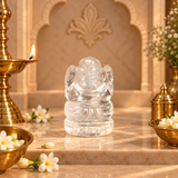 Rear view of the Clear Quartz Ganesh Ji murti showing the carved crown detail