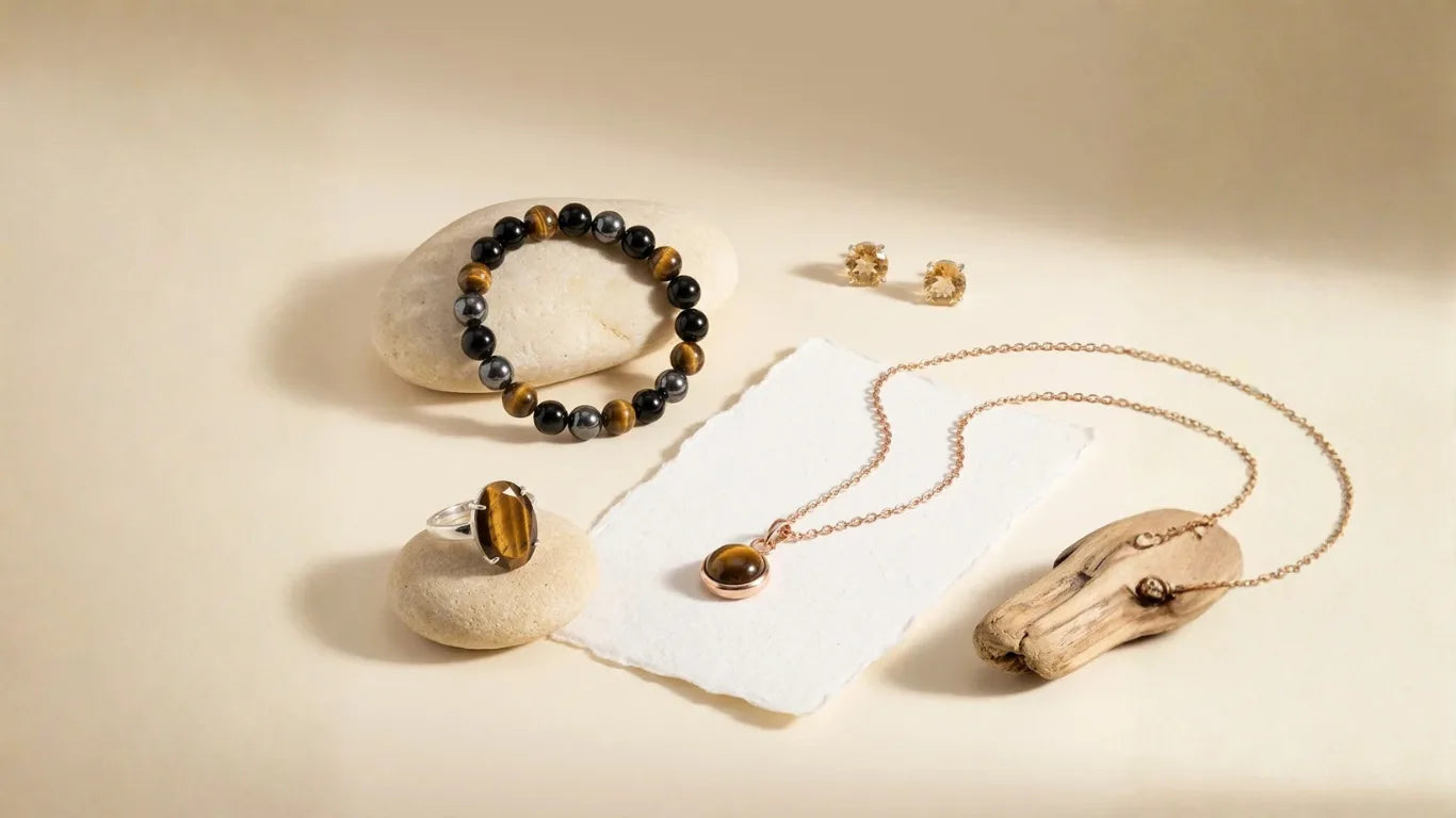 A styled flat-lay of crystal jewelry and a crystal beaded bracelet arranged on a warm beige background with decorative stones and a white card. The set includes a necklace with a round gold pendant, a bracelet with dark and brown beads, a ring with a large oval stone, and small stud earrings.