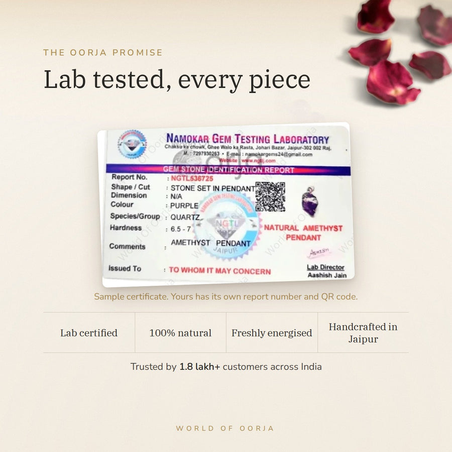 Raw Amethyst Pendant – Calm, Sleep & Intuition lab certificate – World of Oorja