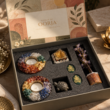 Deepotsav Lakshmi Gift Box by World of Oorja – 7 chakra tea lights, Lakshmi jade coins, Shree Yantra pyramid, pyrite tortoise and amethyst tree