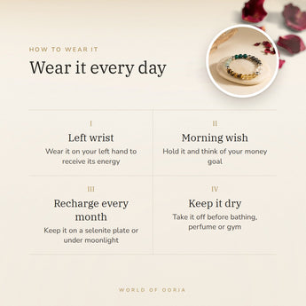 How to wear your Dhan Yog bracelet – left wrist, morning wish, recharge on selenite or moonlight