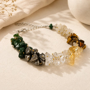 Dhan Yog chips bracelet with raw jade, pyrite, clear quartz, citrine and tiger eye nuggets and gold spacer beads – World of Oorja