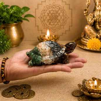 Multi-stone healing crystal tortoise figurine — tiger's eye, aventurine, quartz