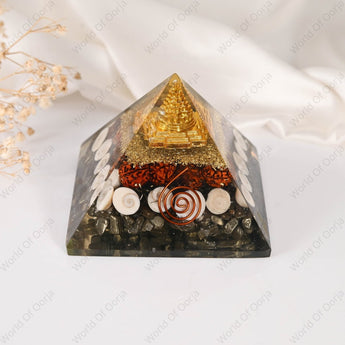 Dhanlabh Pyramid with Shree Yantra, Rudraksha, Gomti Chakra & Pyrite - WorldOfOorja