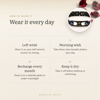 How to wear your Libra Metal Zodiac Bracelet – left wrist, morning wish, recharge on selenite or moonlight