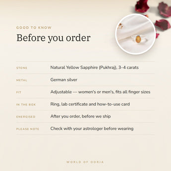 Yellow Sapphire (Pukhraj) Ring – good to know before you order: what is in the box, energised after order