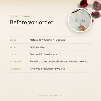 Raw Citrine Pendant – good to know before you order: what is in the box, energised after order