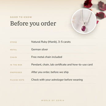 Ruby (Manik) Pendant – good to know before you order: what is in the box, energised after order