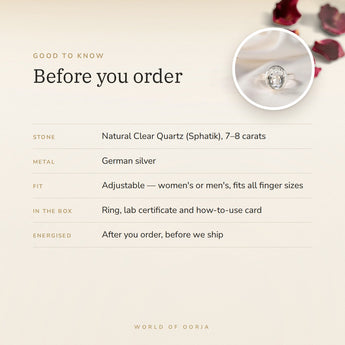 Clear Quartz (Sphatik) Ring – good to know before you order: what is in the box, energised after order