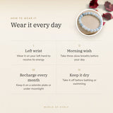 How to wear your Aquamarine Bracelet – left wrist, morning wish, recharge on selenite or moonlight