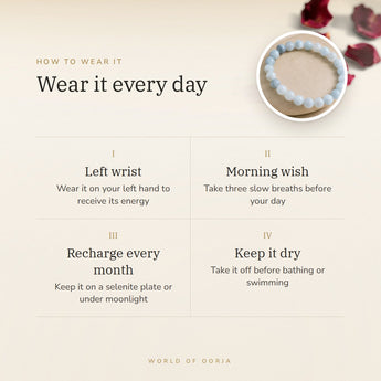How to wear your Aquamarine Bracelet – left wrist, morning wish, recharge on selenite or moonlight