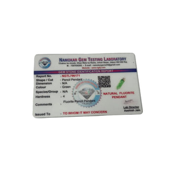 Lab certification report for a natural fluorite pendant on a white background