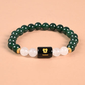Gemini zodiac bracelet Green Aventurine and Milky Quartz, engraved Gemini name bead