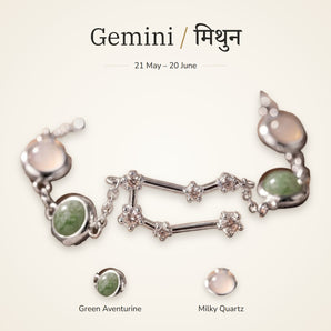 Gemini zodiac constellation bracelet for women with Green Aventurine and Milky Quartz – silver