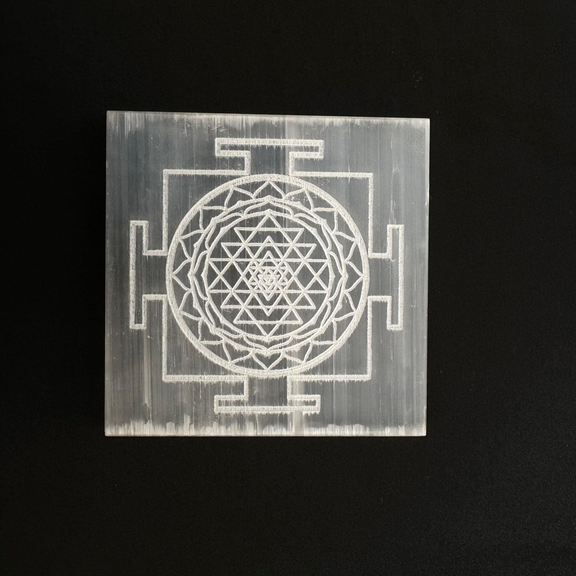 Gemstone Charging Selenite Plate - Shree Yantra Engraved - WorldOfOorja