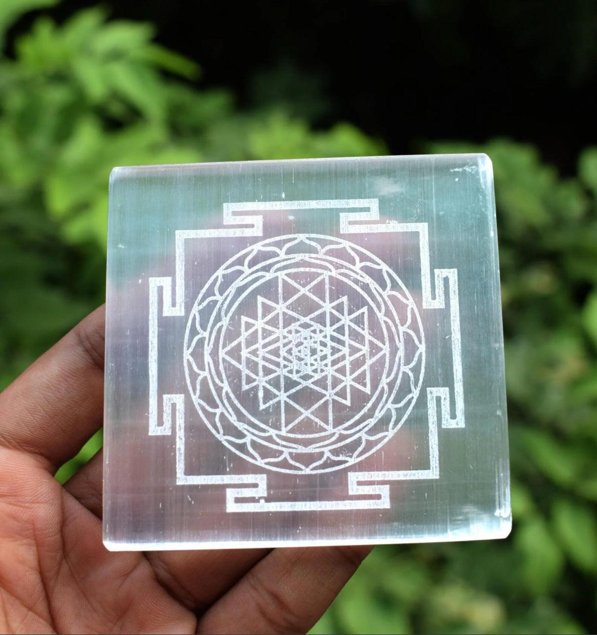 Gemstone Charging Selenite Plate - Shree Yantra Engraved - WorldOfOorja