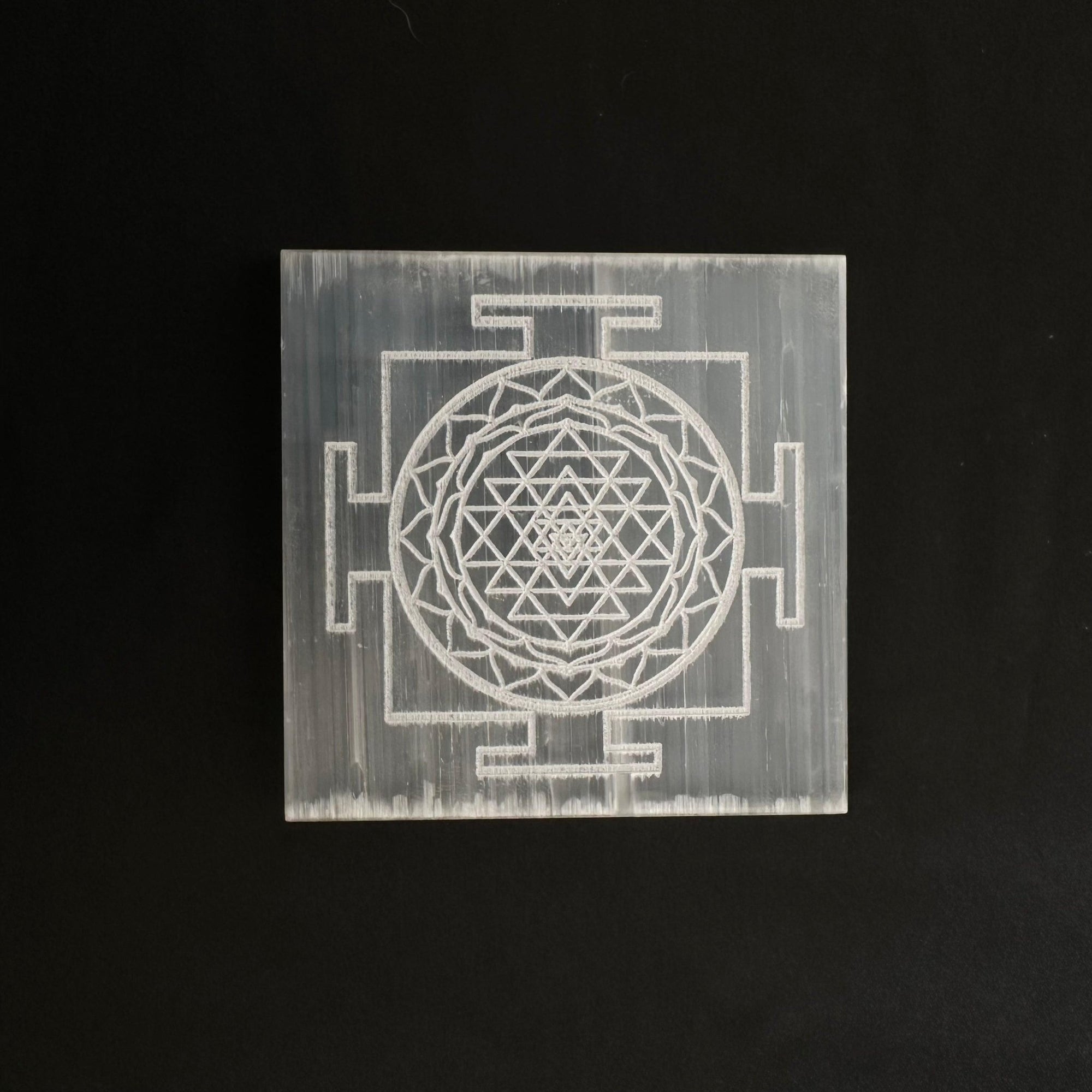 Gemstone Charging Selenite Plate - Shree Yantra Engraved - WorldOfOorja