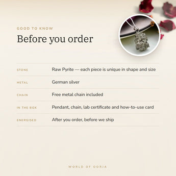 Raw Pyrite Pendant – good to know before you order: what is in the box, energised after order
