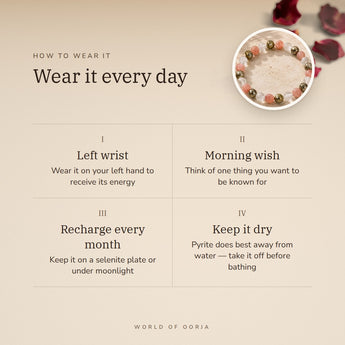 How to wear your Fame & Recognition Bracelet – left wrist, morning wish, recharge on selenite or moonlight