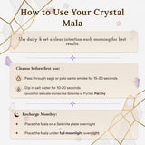 Instructions on how to use a crystal mala with decorative elements.