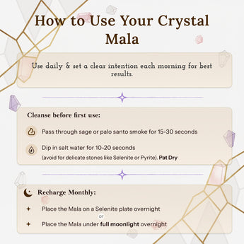 Instructions on how to use a crystal mala with decorative elements.