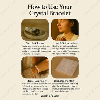 Instructions on how to use a crystal bracelet with images and text.