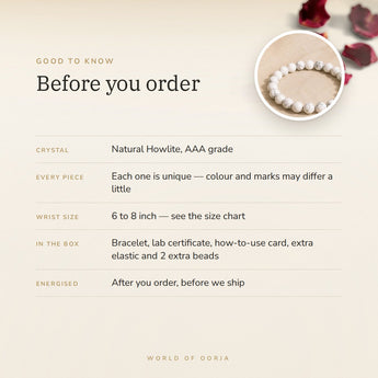 Howlite bracelet – before you order: size, what is in the box, energised after order