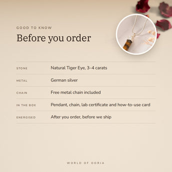 Tiger Eye Pencil Pendant – good to know before you order: what is in the box, energised after order