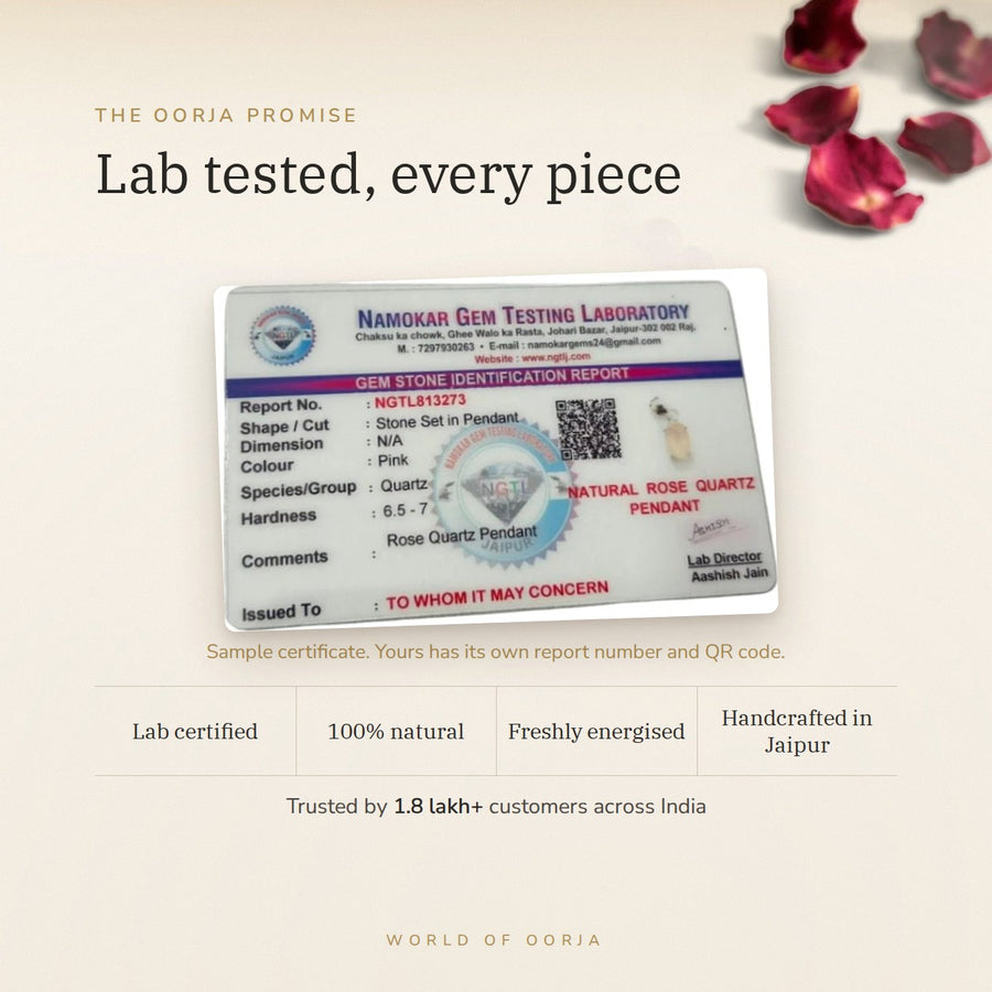 Rose Quartz Pendant – Love & Emotional Healing lab certificate – World of Oorja