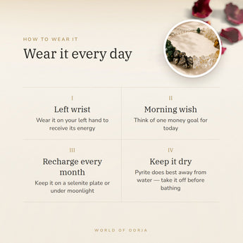 How to wear your Dhan Yog Chips Bracelet – left wrist, morning wish, recharge on selenite or moonlight