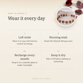 How to wear your 5 Mukhi Divine Rudraksha Bracelet – left wrist, morning wish, recharge on selenite or moonlight