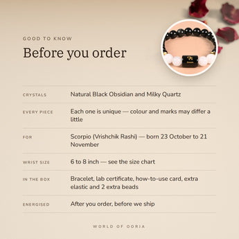 Scorpio Zodiac Bracelet – before you order: size, what is in the box, energised after order