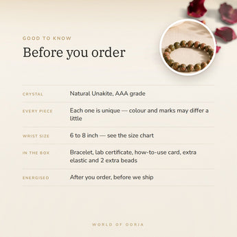 Unakite Bracelet – before you order: size, what is in the box, energised after order