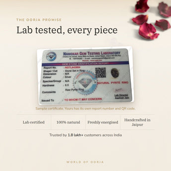 Raw Pyrite Ring lab certificate with QR code – The Oorja promise