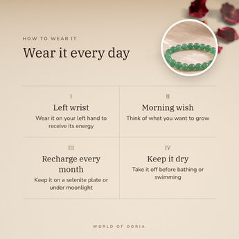 How to wear your Jade bracelet – left wrist, morning wish, recharge on selenite or moonlight