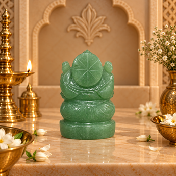 Rear view of the Green Aventurine Ganesh Ji murti showing the carved crown detail