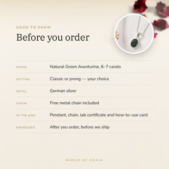 Green Aventurine Pendant – good to know before you order: what is in the box, energised after order