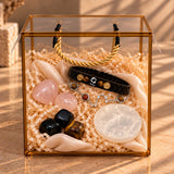 Jodi Rashi Couple Gift Box – zodiac bracelets for him and her, rose quartz, protection stones and selenite plate in a gold glass gift box