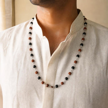 Rudraksha Karungali Mala worn by a man