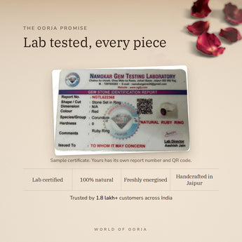 Ruby (Manik) Ring lab certificate with QR code – The Oorja promise