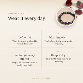 How to wear your Lapis Lazuli bracelet – left wrist, morning wish, recharge on selenite or moonlight