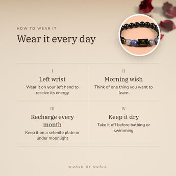 How to wear your Sagittarius Zodiac Bracelet – left wrist, morning wish, recharge on selenite or moonlight