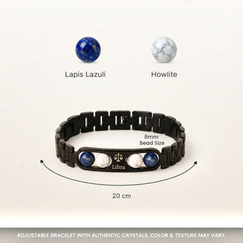 Libra bracelet crystals and size – 8mm beads, adjustable black metal band