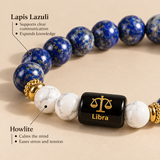 Close-up of Libra zodiac bracelet showing Lapis Lazuli and Howlite crystals and their benefits