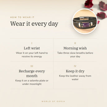 How to wear your Amethyst Leather Bracelet – left wrist, morning wish, recharge on selenite or moonlight